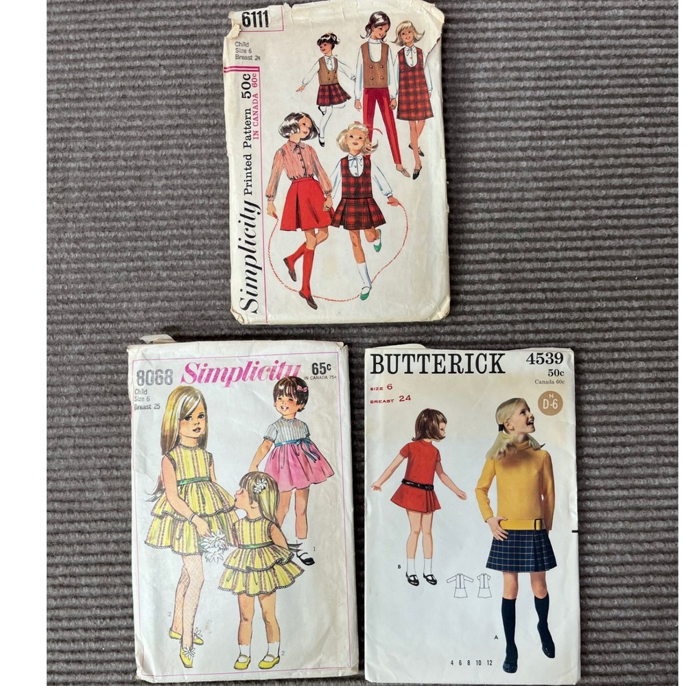 Vintage Sewing Patterns Lot Simplicity 6111 8068 Butterick 4539 Girls Size 6 Mod